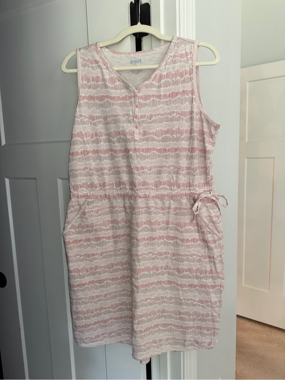 Duluth trading Sleeveless Pink stripe wave Drawstring Dress pockets cotton